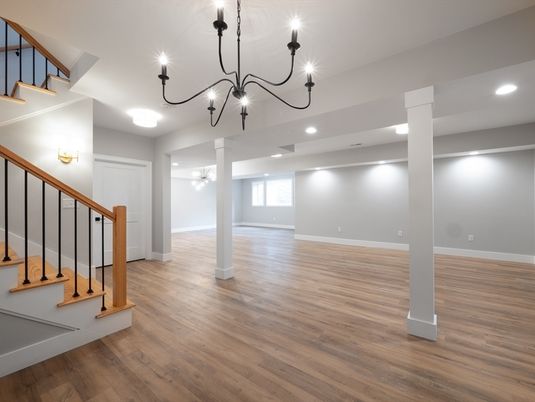 Chandelier, Empty room, Interior, Recessed Lighting, Wood Texture Flooring