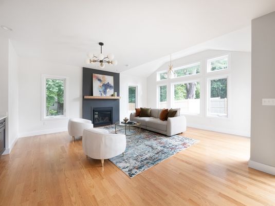 Fireplace, Interior, Living room, Pendant Lights, Wood Texture Flooring
