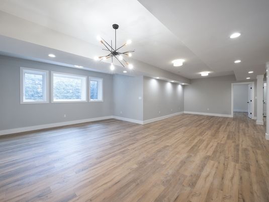 Empty room, Interior, Pendant Lights, Recessed Lighting, Wood Texture Flooring