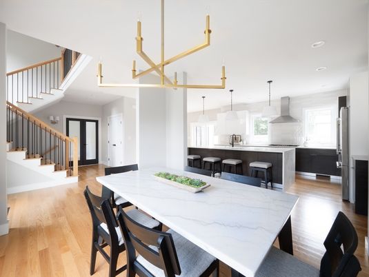 Dining room, Interior, Kitchen, Pendant Lights, Recessed Lighting, Wood Texture Flooring