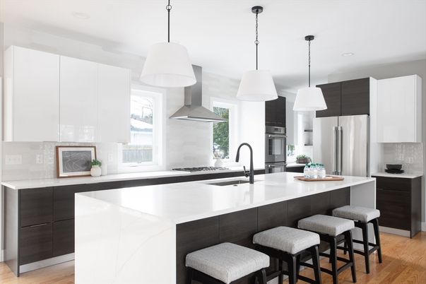 Interior, Kitchen, Pendant Lights, Recessed Lighting, Stainless Steel Appliances, Wood Texture Flooring