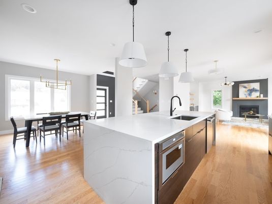 Dining room, Fireplace, Interior, Kitchen, Pendant Lights, Wood Texture Flooring