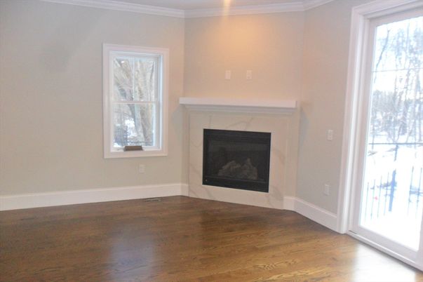 Empty room, Fireplace, Interior, Recessed Lighting, Wood Texture Flooring