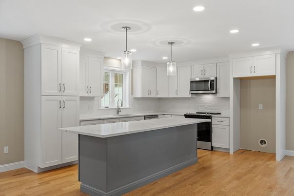 Interior, Kitchen, Pendant Lights, Recessed Lighting, Stainless Steel Appliances, Wood Texture Flooring