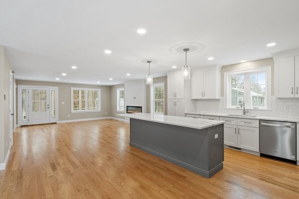 Fireplace, Interior, Kitchen, Pendant Lights, Recessed Lighting, Stainless Steel Appliances, Wood Texture Flooring