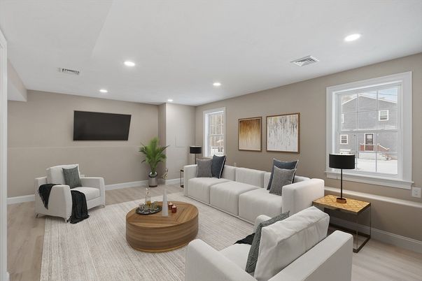 Interior, Living room, Recessed Lighting, Wood Texture Flooring