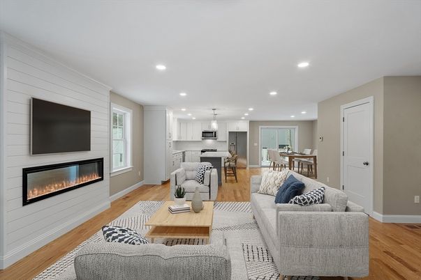 Dining room, Fireplace, Interior, Kitchen, Living room, Pendant Lights, Recessed Lighting, Wood Texture Flooring