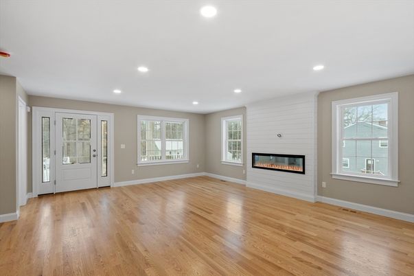Empty room, Fireplace, Interior, Recessed Lighting, Wood Texture Flooring