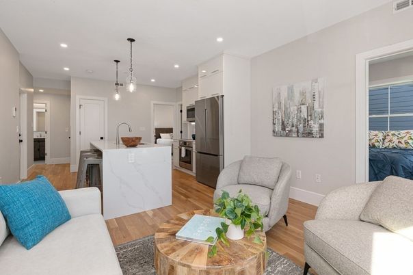 Interior, Kitchen, Living room, Pendant Lights, Recessed Lighting, Stainless Steel Appliances, Wood Texture Flooring