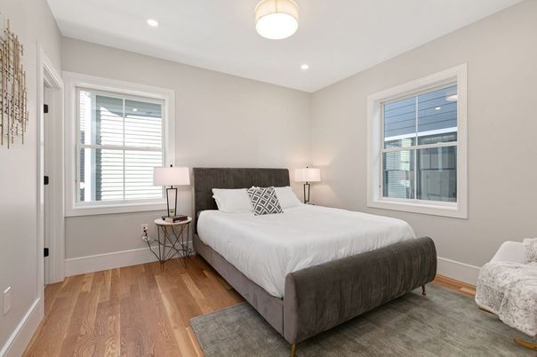 Bedroom, Interior, Recessed Lighting, Wood Texture Flooring