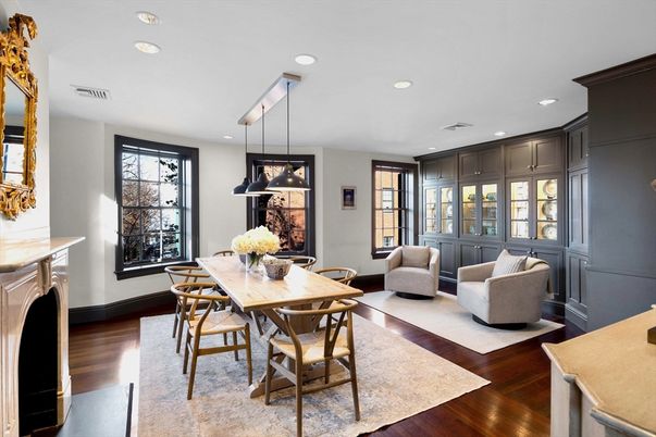 Dining room, Fireplace, Interior, Living room, Pendant Lights, Recessed Lighting, Wood Texture Flooring