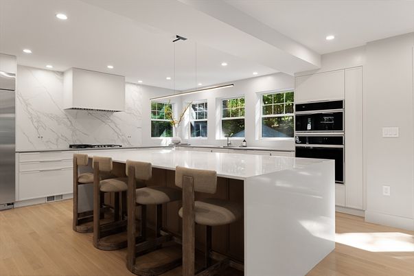Interior, Kitchen, Marble Walls, Pendant Lights, Recessed Lighting, Stainless Steel Appliances, Wood Texture Flooring