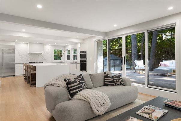 Interior, Kitchen, Living room, Marble Walls, Recessed Lighting, Stainless Steel Appliances, Wood Texture Flooring