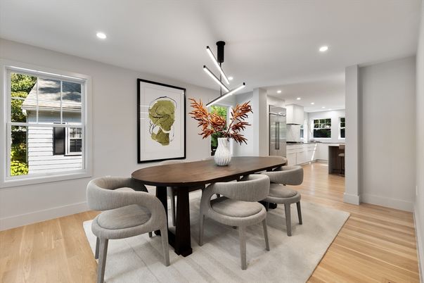 Dining room, Interior, Kitchen, Pendant Lights, Recessed Lighting, Stainless Steel Appliances, Wood Texture Flooring