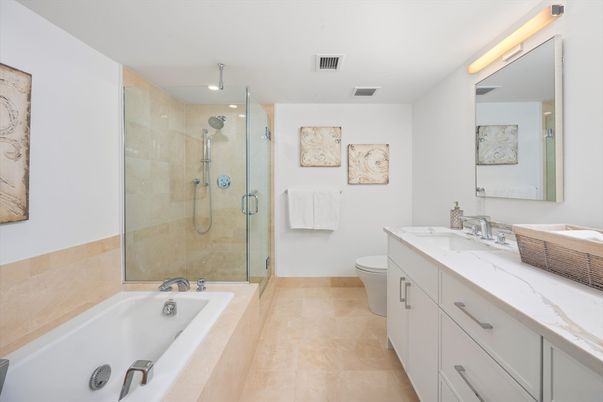 Bathroom, Dual Sink Vanities, Glass Shower, Interior, Recessed Lighting