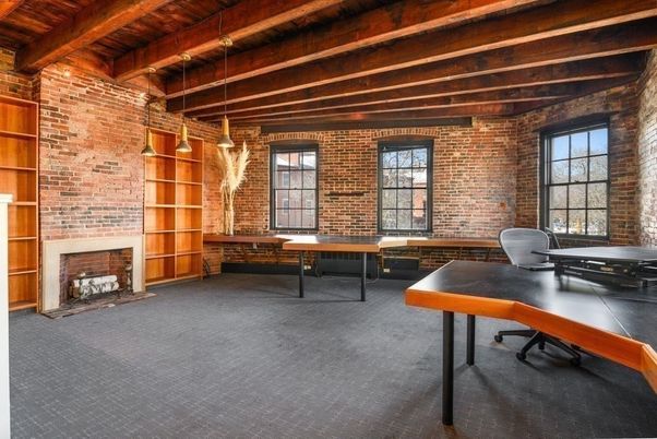 Fireplace, Home Office, Interior, Pendant Lights, Stone Walls, Wooden Beams, Wooden Ceilings