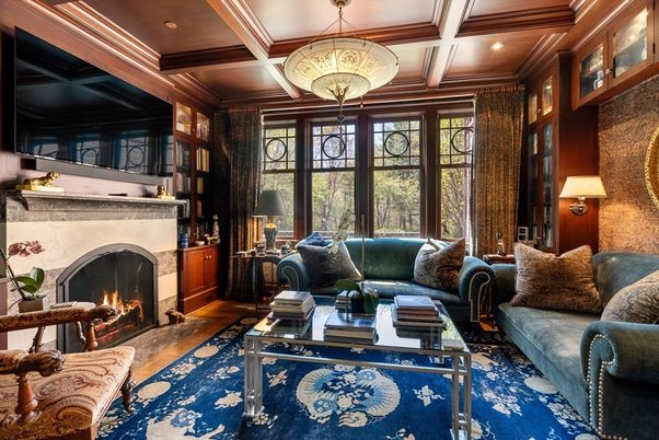 Fireplace, Interior, Living room, Pendant Lights, Recessed Lighting, Wooden Beams, Wooden Ceilings, Wood Texture Flooring