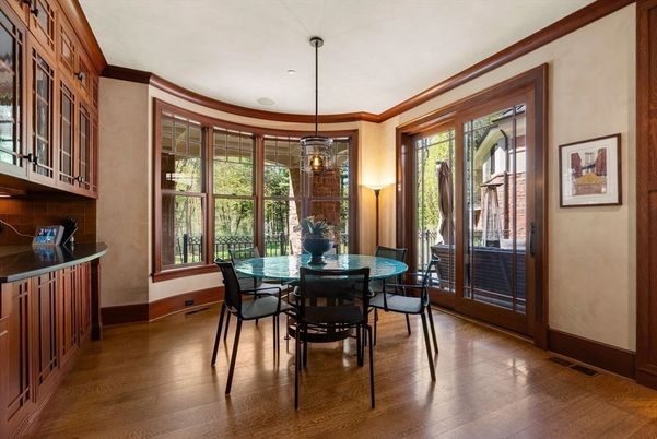 Dining room, Interior, Pendant Lights, Wood Texture Flooring
