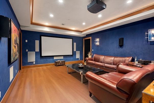 Interior, Projection Screen, Recessed Lighting, Theatre Room, Wood Texture Flooring