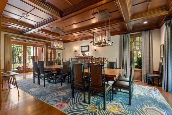 Chandelier, Dining room, Interior, Pendant Lights, Recessed Lighting, Wooden Beams, Wooden Ceilings, Wood Texture Flooring