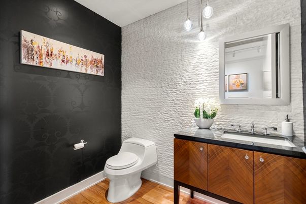 Bathroom, Interior, Pendant Lights, Wood Texture Flooring