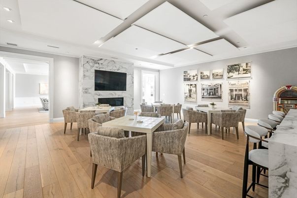 Dining room, Fireplace, Interior, Living room, Marble Walls, Recessed Lighting, Wood Texture Flooring