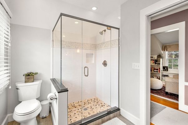 Bathroom, Glass Shower, Interior, Recessed Lighting, Wood Texture Flooring