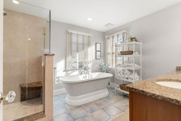 Bathroom, Free Standing Baths, Glass Shower, Interior, Recessed Lighting