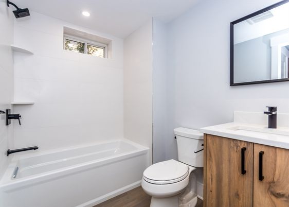 Bathroom, Interior, Recessed Lighting, Wood Texture Flooring