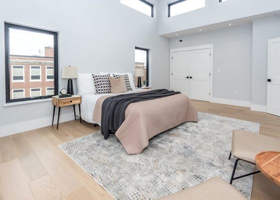 Bedroom, Interior, Recessed Lighting, Wood Texture Flooring