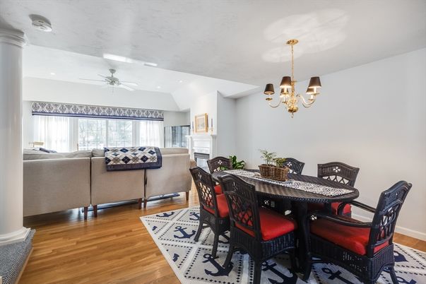 Chandelier, Dining room, Fireplace, Interior, Living room, Recessed Lighting, Wood Texture Flooring