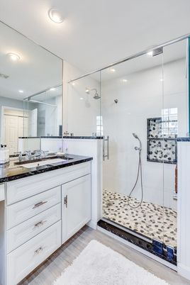 Bathroom, Glass Shower, Interior, Recessed Lighting, Wood Texture Flooring