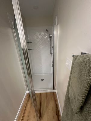 Bathroom, Glass Shower, Interior, Wood Texture Flooring