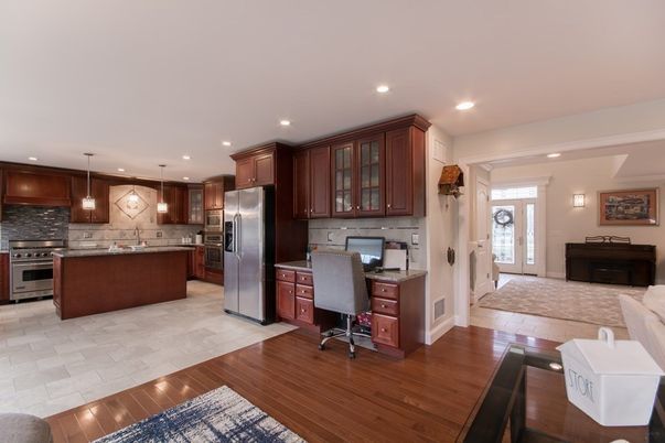 Home Office, Interior, Kitchen, Pendant Lights, Recessed Lighting, Stainless Steel Appliances, Wood Texture Flooring