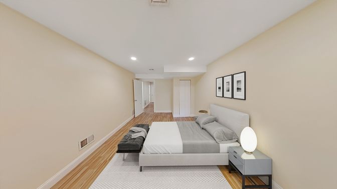 Bedroom, Interior, Recessed Lighting, Wood Texture Flooring