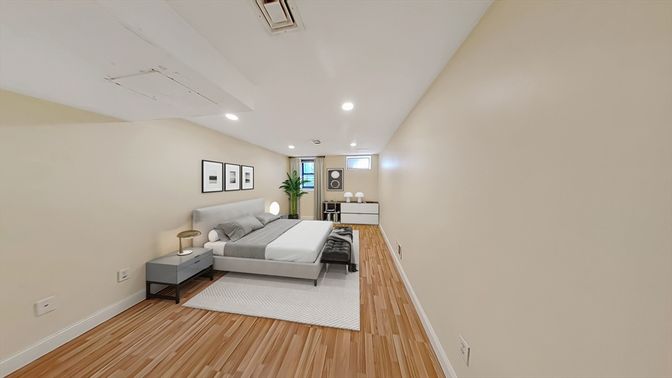 Bedroom, Interior, Recessed Lighting, Wood Texture Flooring