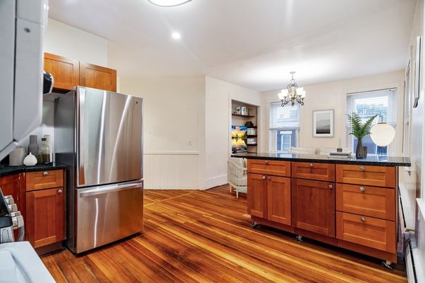 Chandelier, Interior, Kitchen, Recessed Lighting, Stainless Steel Appliances, Wood Texture Flooring
