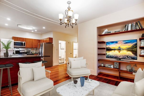 Chandelier, Interior, Kitchen, Recessed Lighting, Stainless Steel Appliances, Wood Texture Flooring
