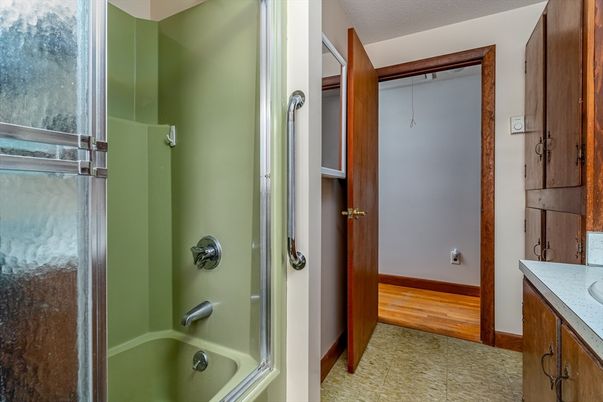 Bathroom, Glass Shower, Interior, Wood Texture Flooring