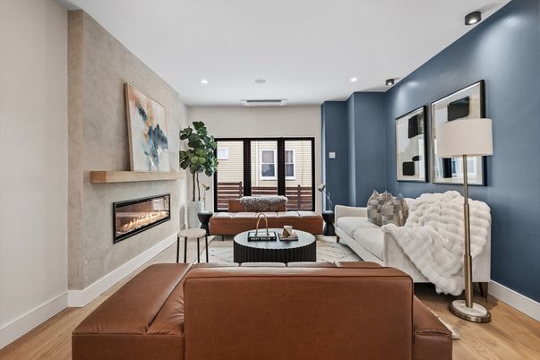Fireplace, Interior, Living room, Recessed Lighting, Wood Texture Flooring