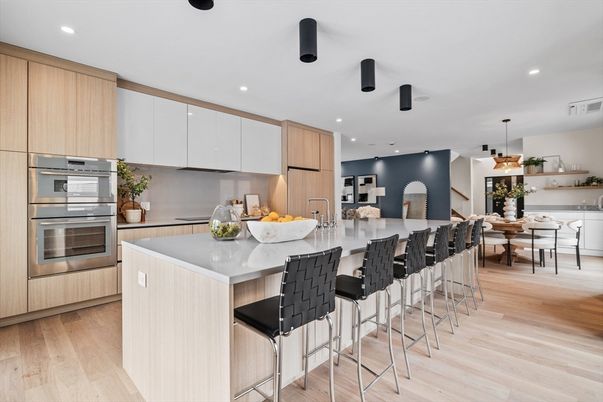Dining room, Interior, Kitchen, Pendant Lights, Recessed Lighting, Stainless Steel Appliances, Wood Texture Flooring