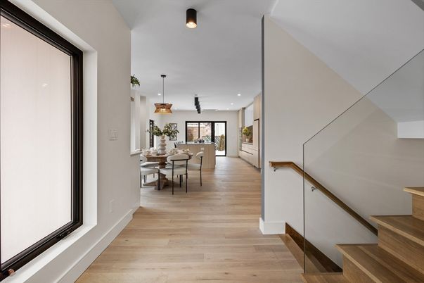Dining room, Interior, Pendant Lights, Recessed Lighting, Wood Texture Flooring