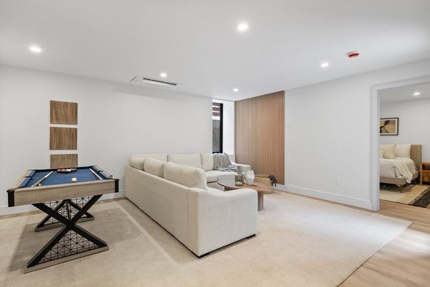 Billiard Table, Game Room, Interior, Living room, Recessed Lighting, Wood Texture Flooring