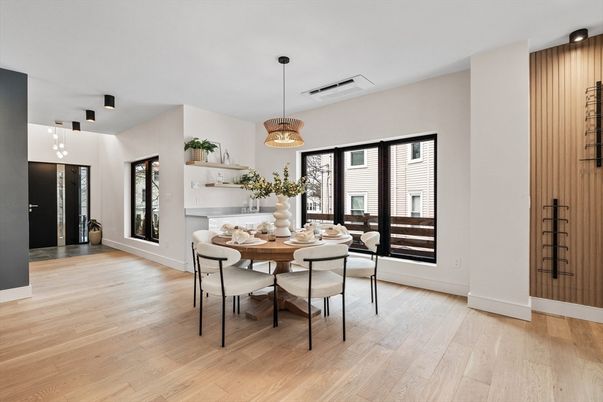 Dining room, Interior, Pendant Lights, Wood Texture Flooring