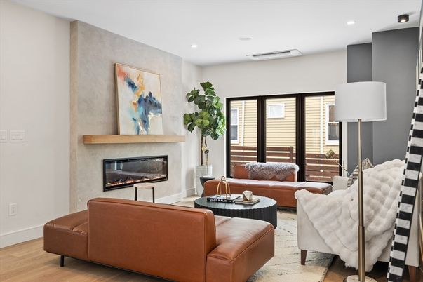 Fireplace, Interior, Living room, Recessed Lighting, Wood Texture Flooring
