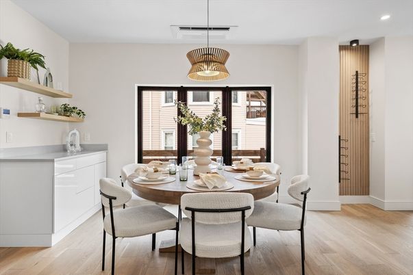 Dining room, Interior, Pendant Lights, Recessed Lighting, Wood Texture Flooring