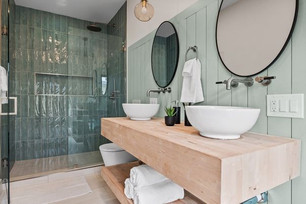 Bathroom, Glass Shower, Interior, Wood Texture Flooring