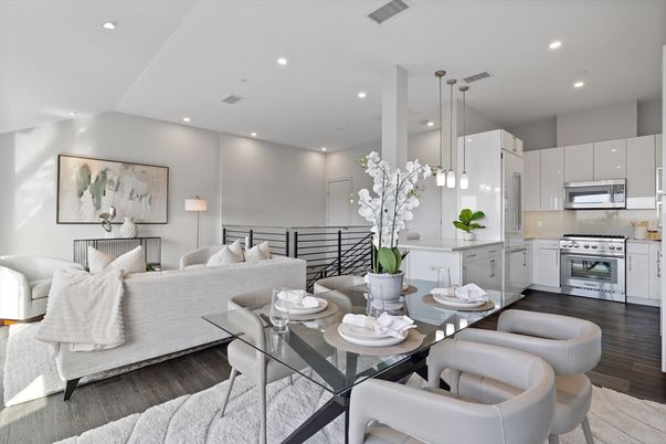 Dining room, Interior, Kitchen, Living room, Pendant Lights, Recessed Lighting, Stainless Steel Appliances, Wood Texture Flooring