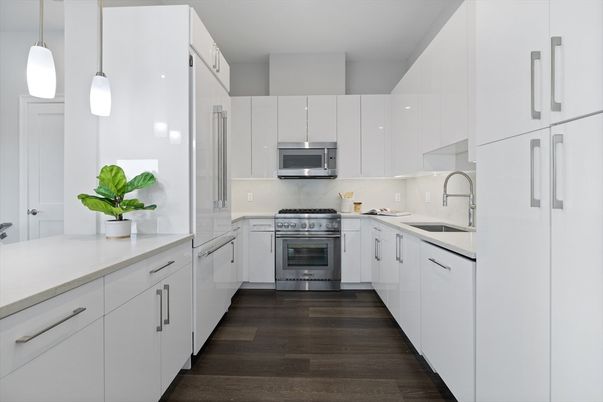 Interior, Kitchen, Pendant Lights, Stainless Steel Appliances, Wood Texture Flooring