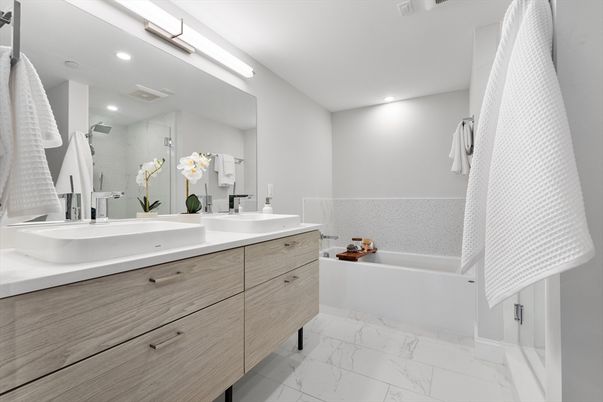 Bathroom, Dual Sink Vanities, Interior, Marble, Recessed Lighting